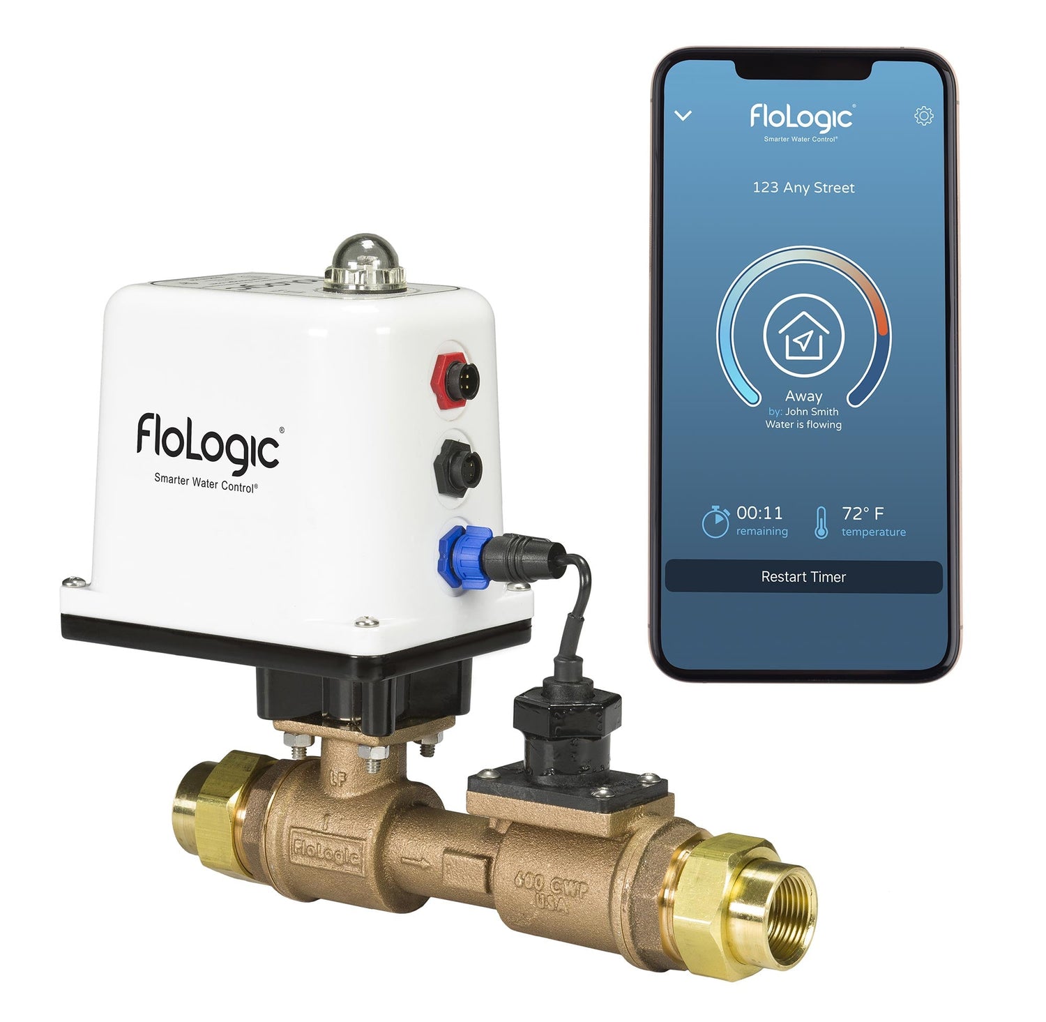 A FloLogic product with an iPhone and the FloLogic app open on the display