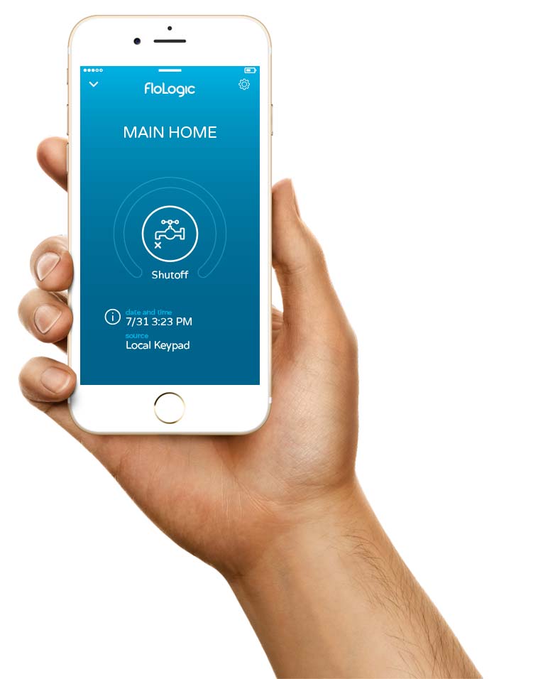 Someone holding an iPhone in their hand with the FloLogic app open in the display